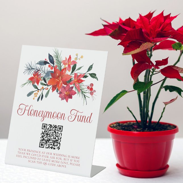 Red Poinsettia Christmas Wedding Honeymoon Fund Pedestal Sign (Creator Uploaded)