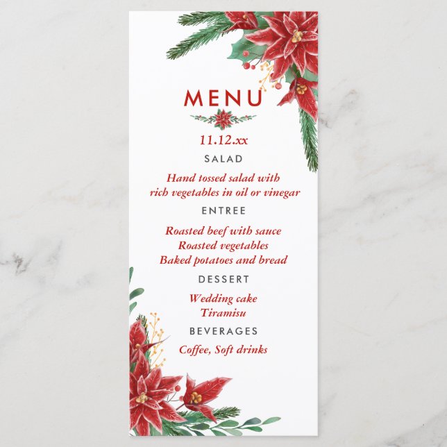 Red Poinsettia Christmas Wedding Menu (Front)