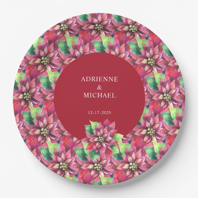 Red Poinsettia Christmas Wedding  Paper Plate (Front)