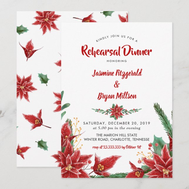 Red Poinsettia Christmas Wedding Rehearsal Dinner Invitation (Front/Back)