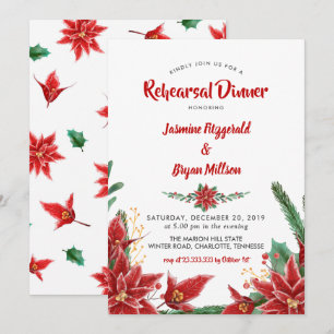 Red Poinsettia Christmas Wedding Rehearsal Dinner Invitation