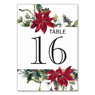 Red Poinsettia Christmas Wedding Table Number