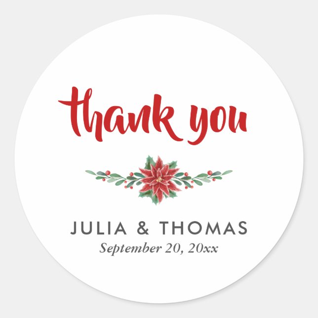 Red Poinsettia Christmas Wedding Thank You Classic Round Sticker (Front)