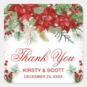Red Poinsettia Christmas Wedding Thank You Favor Square Sticker