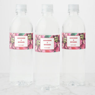 Red Poinsettia Christmas Wedding  Water Bottle Label