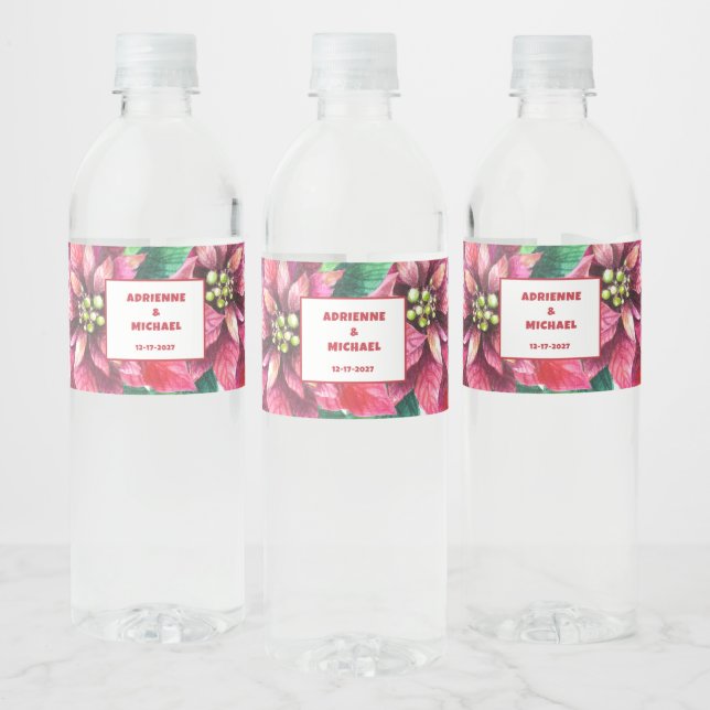 Red Poinsettia Christmas Wedding  Water Bottle Label (Bottles)