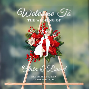 Red Poinsettia Christmas Wedding Welcome Acrylic Sign