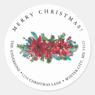 Red Poinsettia Classic Merry Christmas Address Classic Round Sticker