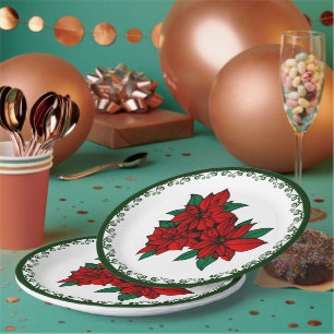 Red Poinsettia Cluster Christmas Floral Holiday Paper Plate
