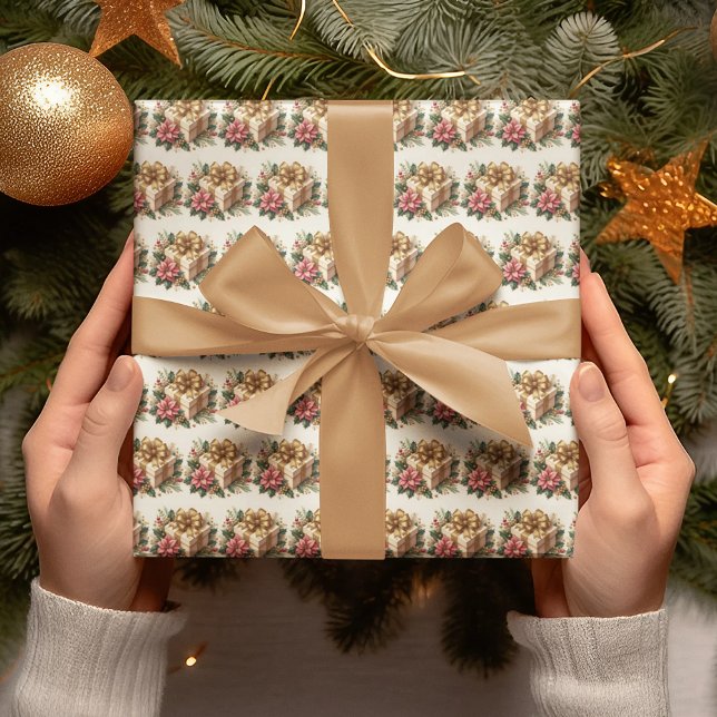 Red Poinsettia Coquette Gold Bow Christmas Wrapping Paper (Creator Uploaded)