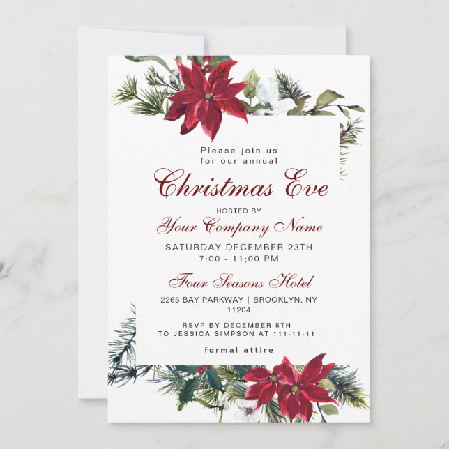 Red Poinsettia CORPORATE Christmas Holiday EVE Invitation (Front)