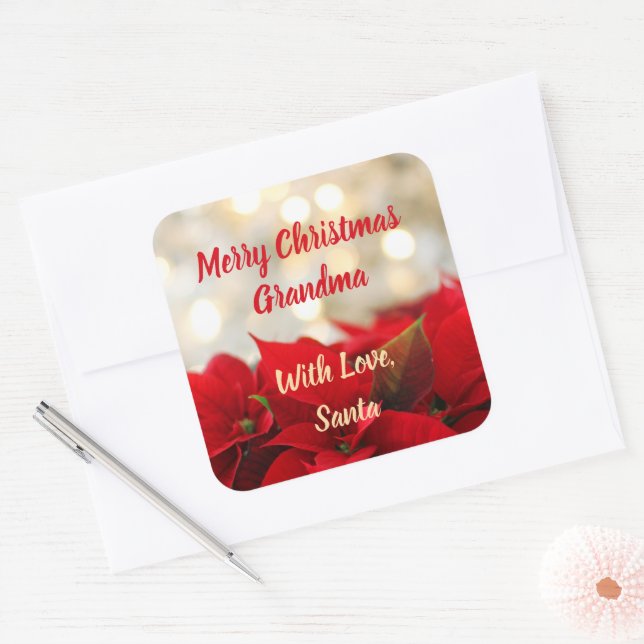 Red Poinsettia Custom Text Floral Christmas Square Sticker (Envelope)