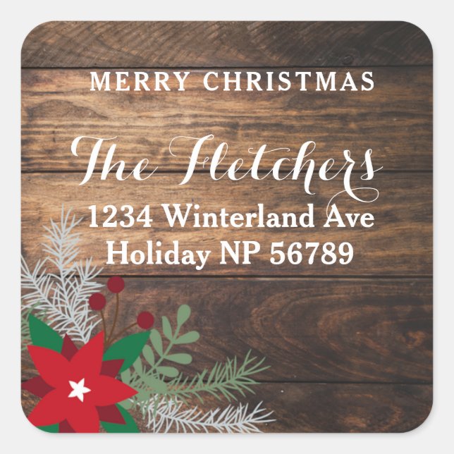 Red Poinsettia Dark Wood Square Address Label  (Front)