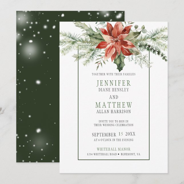 Red Poinsettia & Evergreens Garland Wedding | Invitation (Front/Back)