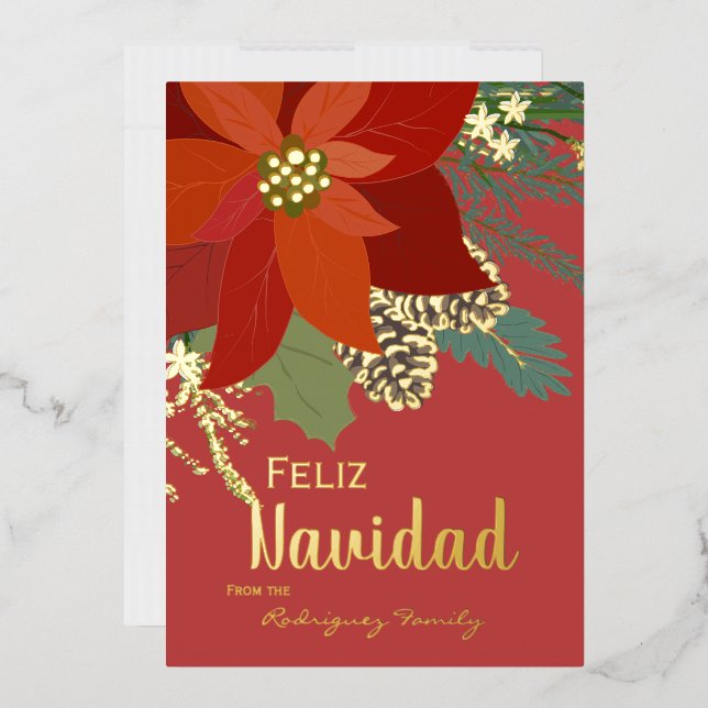 Red Poinsettia Feliz Navidad Gold Foil Holiday Card (Envelope)