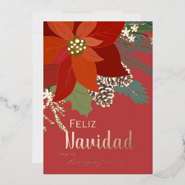 Red Poinsettia Feliz Navidad Rose Gold Foil Holiday Card (Envelope)