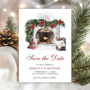 Red Poinsettia Fireplace Christmas Wedding Save The Date
