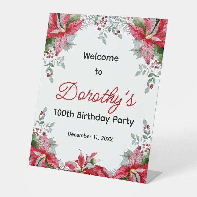 Red Poinsettia Floral 100th Birthday Welcome Pedestal Sign (Front)
