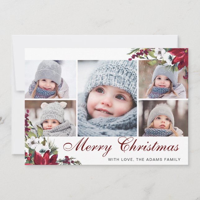 Red Poinsettia Floral 5 PHOTO Christmas Card (Front)
