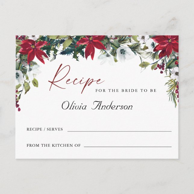 Red Poinsettia Floral Bridal Shower Recipe Card (Front)