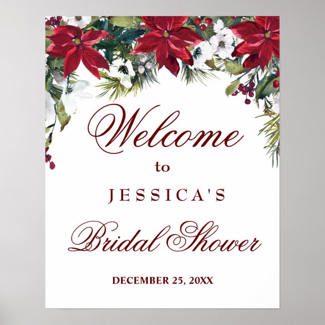 Red Poinsettia Floral Chic Bridal Shower Welcome Poster (Front)