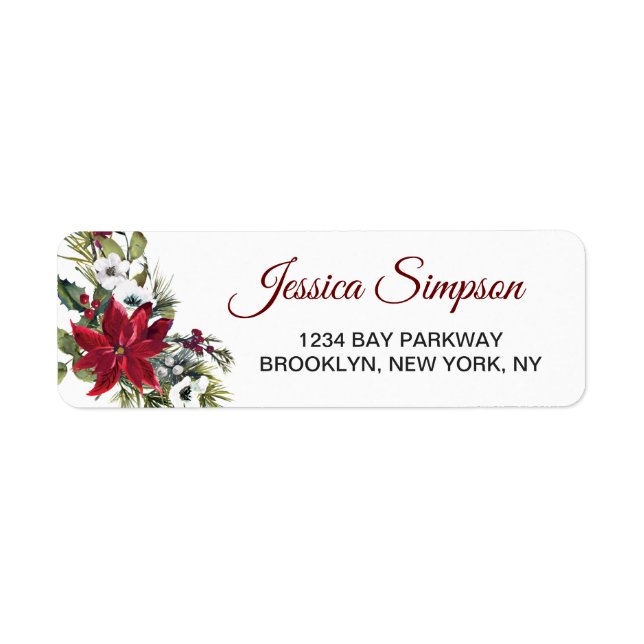 Red Poinsettia Floral Christmas Address Label (Front)
