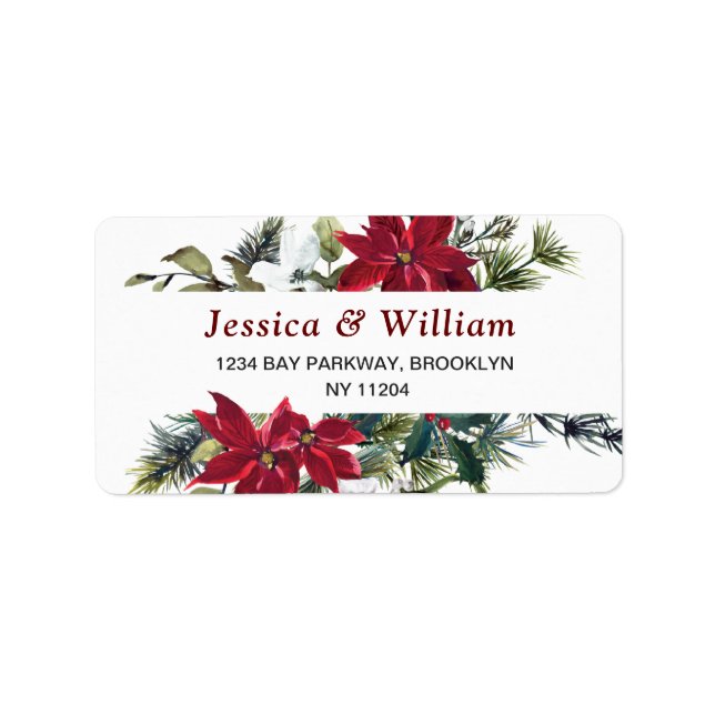 Red Poinsettia Floral Christmas Address Label (Front)