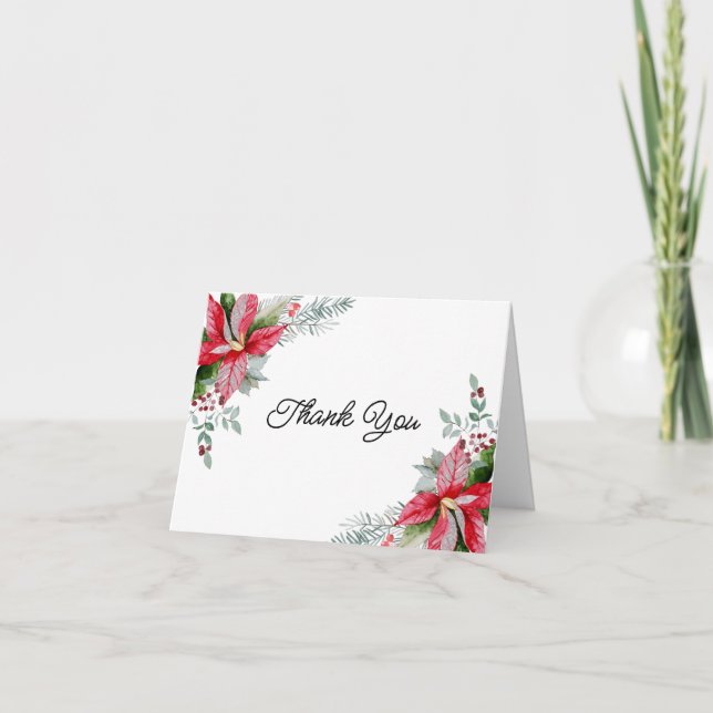 Red Poinsettia Floral Christmas Baby Shower Thank You Card (Front)