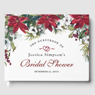 Red Poinsettia Floral Christmas Bridal Shower Guest Book