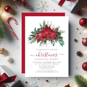 Red Poinsettia Floral Christmas Cocktail Party Invitation