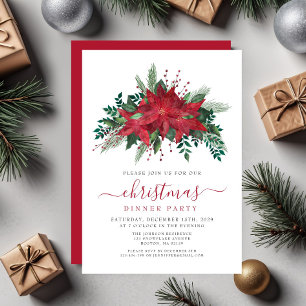 Red Poinsettia Floral Christmas Dinner Party Invitation