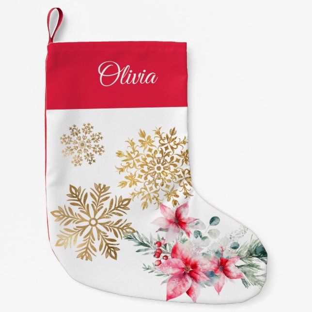 Red Poinsettia Floral Christmas Dinner Party  Small Christmas Stocking (Front)