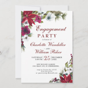 Red Poinsettia Floral Christmas  Engagement Party Invitation