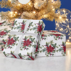 Red Poinsettia Floral Christmas Holiday Gift Wrapping Paper