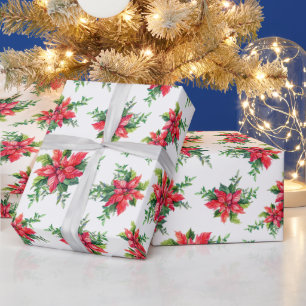 Red Poinsettia Floral Christmas Holiday Gift Wrapping Paper