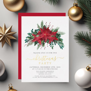 Red Poinsettia Floral Christmas Party Gold
