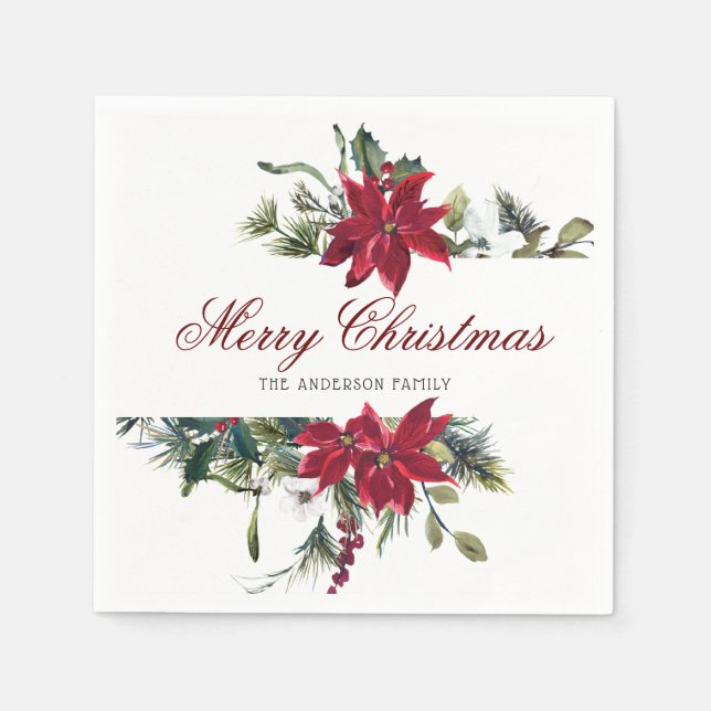 Red Poinsettia Floral Christmas PARTY Paper Napkin (Front)