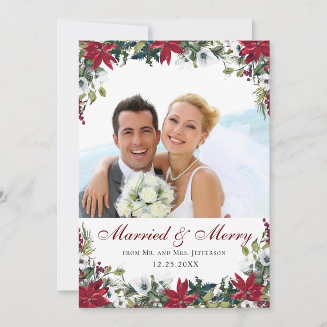 Red Poinsettia Floral Christmas PHOTO Thank You Card (Front)