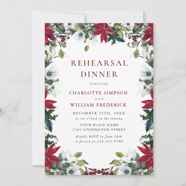 Red Poinsettia Floral Christmas Rehearsal Dinner Invitation (Front)
