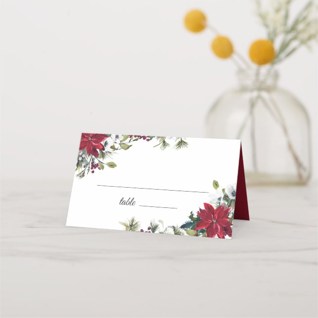 Red Poinsettia Floral Christmas Watercolor  Table Place Card (Front)
