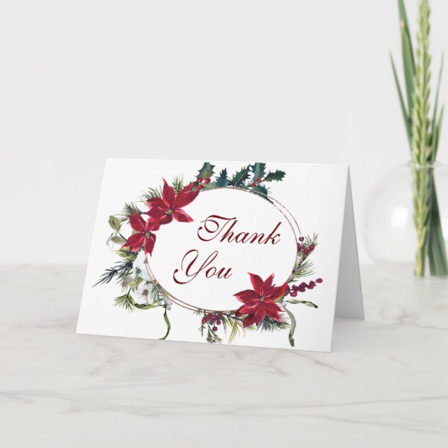 Red Poinsettia Floral Christmas  Watercolor Thank You Card (Front)
