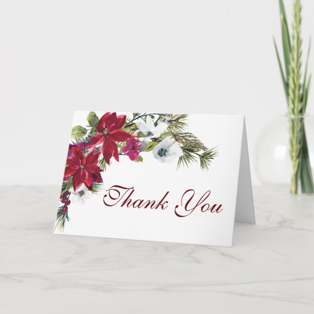 Red Poinsettia Floral Christmas  Watercolor Thank You Card (Front)