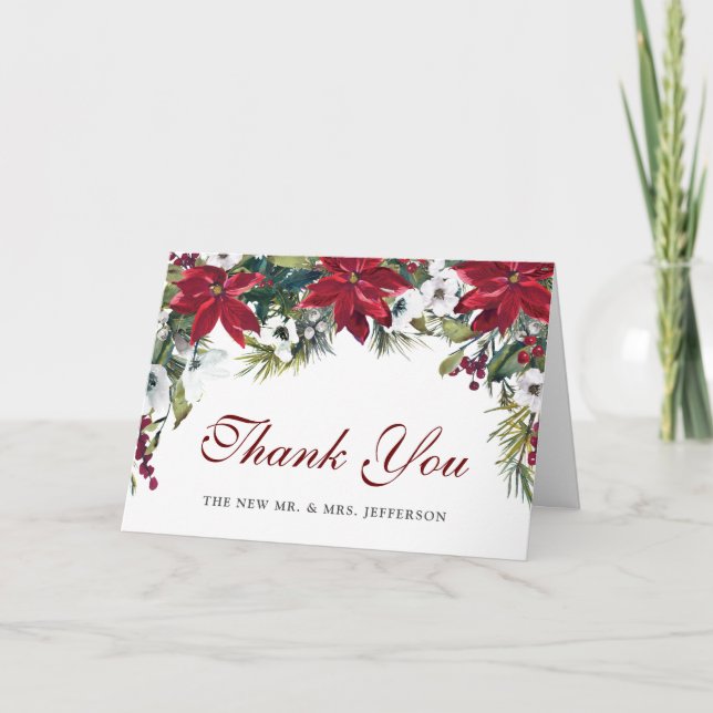 Red Poinsettia Floral Christmas  Watercolor Thank You Card (Front)