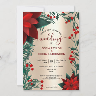 Red Poinsettia Floral Christmas Watercolor Wedding Invitation