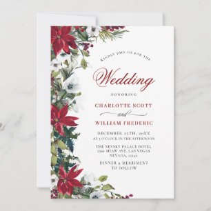 Red Poinsettia Floral Christmas Watercolor Wedding Invitation