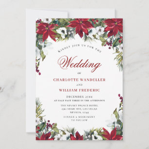 Red Poinsettia Floral Christmas Watercolor Wedding Invitation