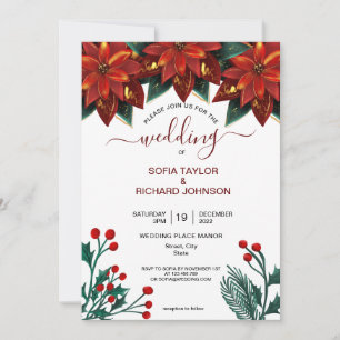 Red Poinsettia Floral Christmas Watercolor Wedding Invitation