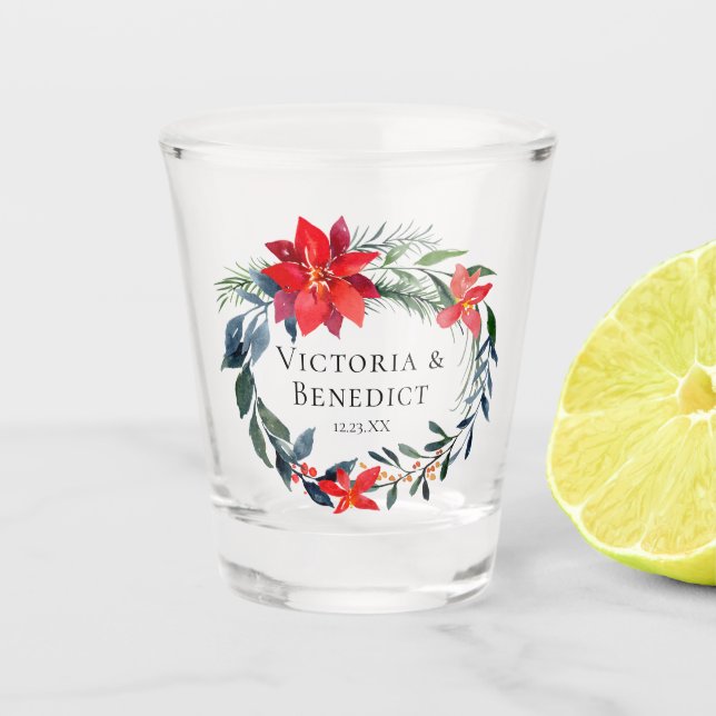 Red Poinsettia Floral Christmas Wedding Custom Shot Glass (Front)