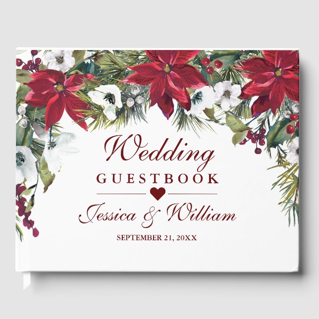 Red Poinsettia Floral Christmas  Wedding Guest Book (Front)