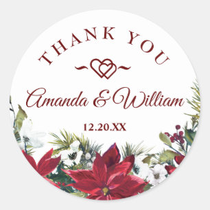 Red Poinsettia Floral Christmas Wedding Thank You Classic Round Sticker